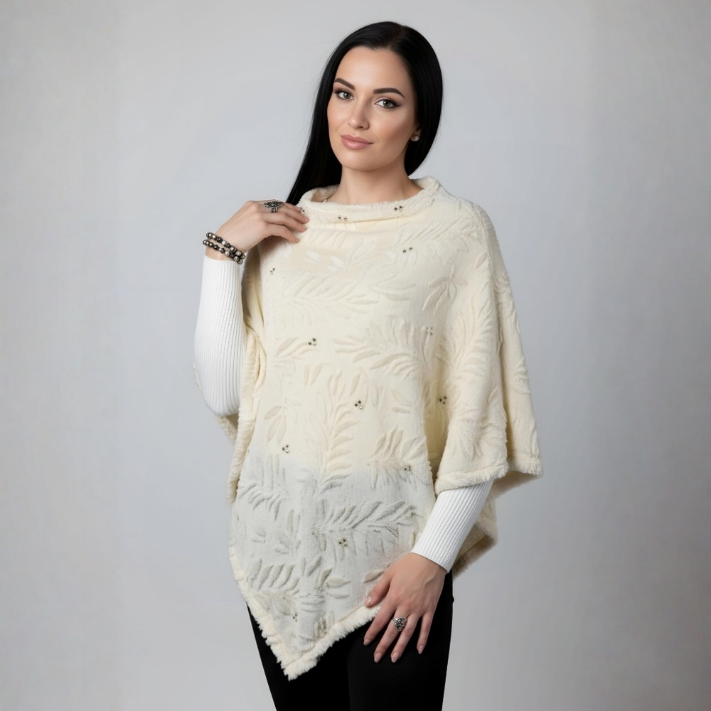 PASSAGE ✦ Ivory Faux Fur Pearl Bead Poncho ✦ Embossed Leaf Diamond Wrap OS NWT